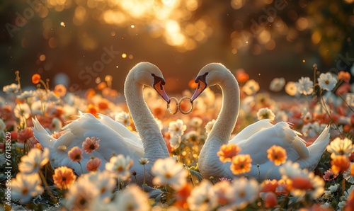 Wedding themed photo of two beautiful swans outdoor in a  green park and they are carrying golden ring photo
