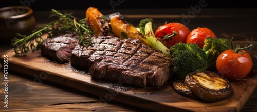A dish of steak and vegetables served on a rustic wooden cutting board, showcasing a blend of natural foods and ingredients from the terrestrial plant kingdom