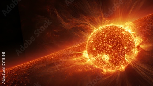 Surface of sun with prominences, solar radiation and magnetic storm photo
