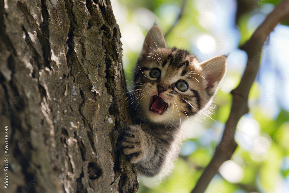 A kitten is peeking out from behind a tree trunk. The kitten is looking at the camera with a curious expression. The scene is peaceful and serene A kitten is peeking out from behind a tree trunk. The kitten is looking at the camera with a curious expression. The scene is peaceful and serene