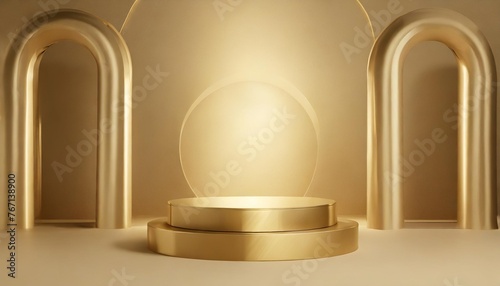 gold product background stand or podium pedestal on luxury advertising display with blank backdrops 3d rendering
