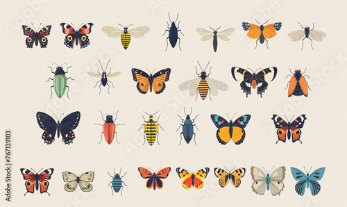 An array of beautifully illustrated butterflies and insects with vibrant colors and various wing patterns on a cream background. © khonkangrua