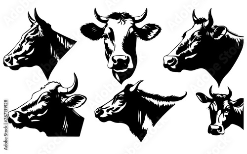 set of a cow head silhouette vector