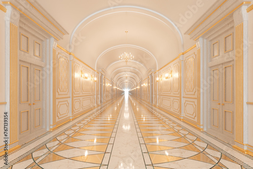 Fototapeta Naklejka Na Ścianę i Meble -  Luxurious Hotel Corridor with Ornate Design and Marble Flooring