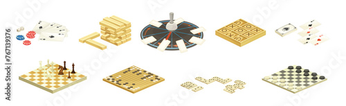 Table Board Game with Cards, Jenga, Chess and Poker Vector Set