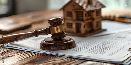 Real estate auction concept with gavel house model and legal documents symbolizing property investment and home buying. Concept Real Estate Auction, Gavel Symbol, Property Investment, Home Buying