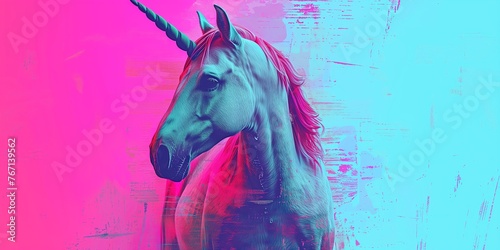 A striking pop-art portrayal of a unicorn, blending minimalist style with bold neon colors in a modern, hipster interpretation