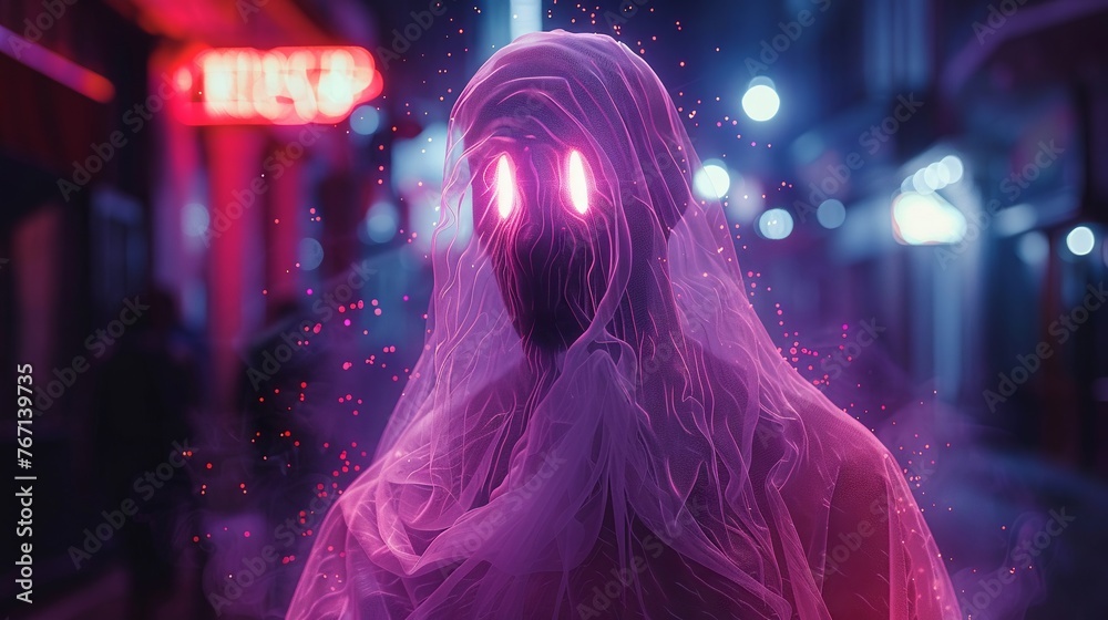 Ghostly creature illuminated by RBG neon lights, translucent with Mschiffers art style, floating light particles around - obrazy, fototapety, plakaty 