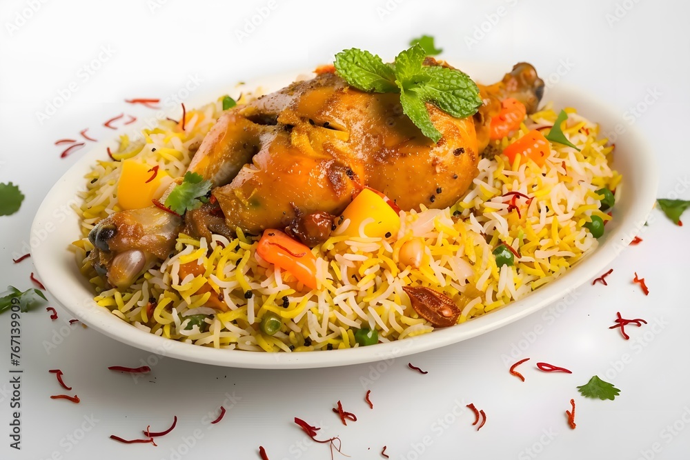 Arabic Cuisine: Delicious Mandi Rice, Top View on a Dining Tray, Isolated White Background Arabic Cuisine: Delicious Mandi Rice, Top View on a Dining Tray, Isolated White Background