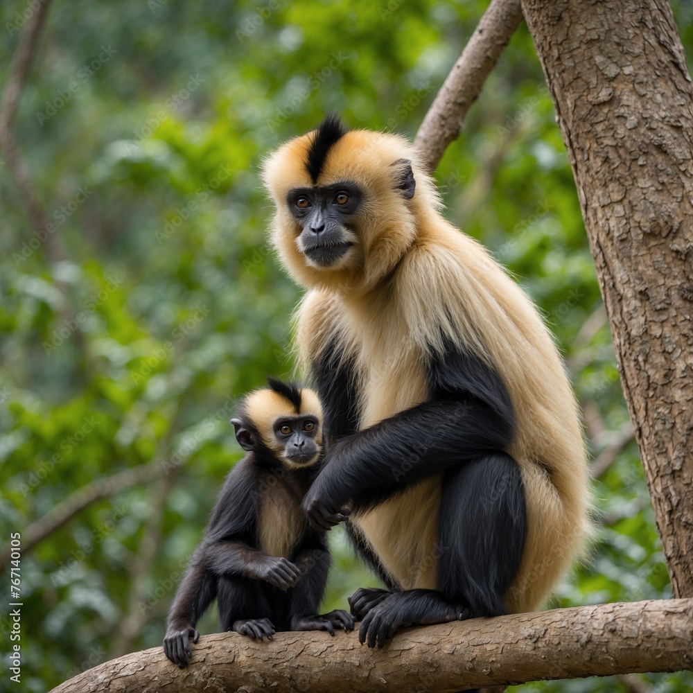Fototapeta premium WHITE-HANDED GIBBONS GROOMING HYLOBATES LAR, VULNERABLE. THAILAND, MALAY PENINSULA, SUMATRA.