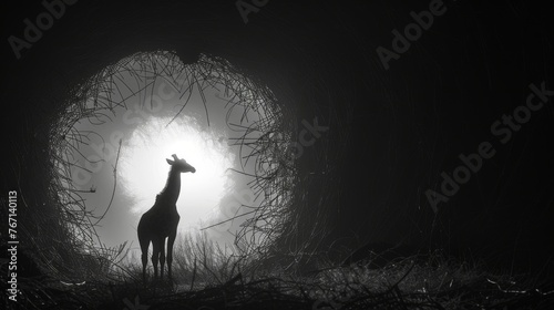  a black and white photo of a giraffe standing in front of a light in the middle of the night.