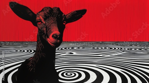  a goat standing in front of a red background with a black and white spiral pattern on it's face.