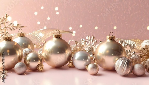 shiny christmas balls and decoration on pink background 3d rendering 3d illustration