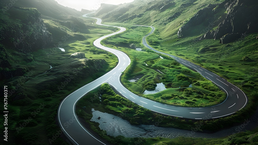 Winding Mountain Road Symbolizing Long-Term Journey and Surreal Amortization Concept