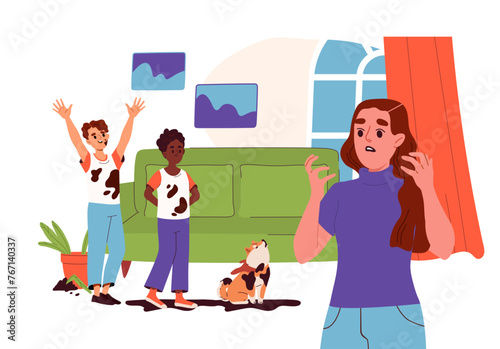 Naughty children at home. Woman with dirty boys and dog indoors. Unhygienic scene from house. Scared mother with soil and groud at floor. Cartoon flat vector illustration isolated on white background