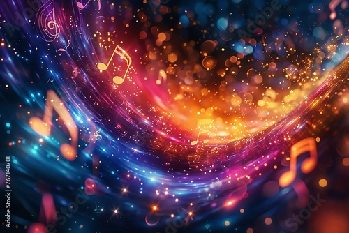 Vivid sonic waves intertwine with exploding musical notes in a kaleidoscope of colors, perfect for dynamic backgrounds