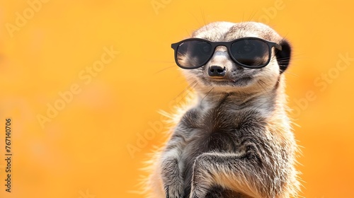 Adorable Meerkat Wearing Miniature Sunglasses Against Bright Orange Backdrop