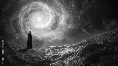  a black and white photo of a person standing in the middle of a body of water with a spiral vortex in the background.