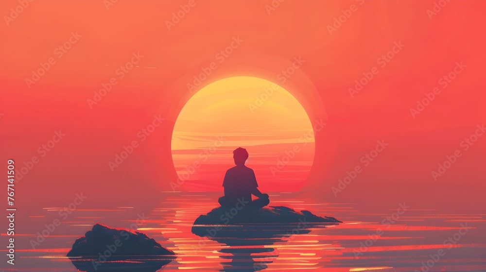 Solitary Silhouette Meditating at Serene Sunset Reflection on Tranquil Waters
