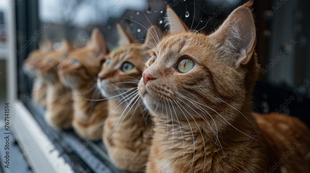 a group of cats sitting on top of a window sill next to each other on a window sill. a group of cats sitting on top of a window sill next to each other on a window sill.