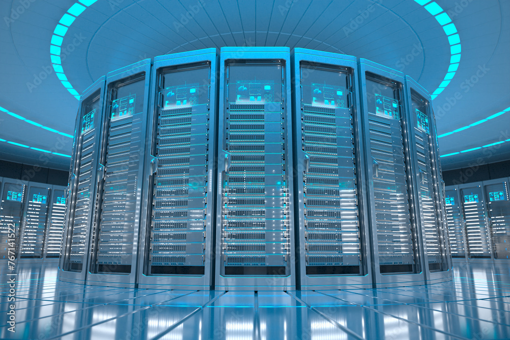 Illuminated High-Tech Data Center Interior with Blue LED Server Racks