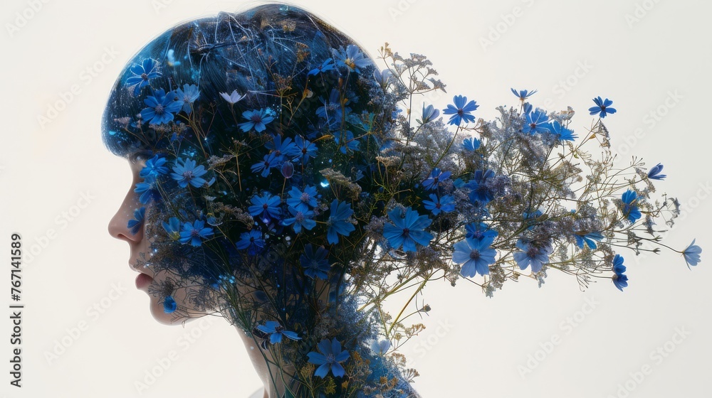  a woman's head with a bunch of blue flowers sticking out of it's face, against a white background.
