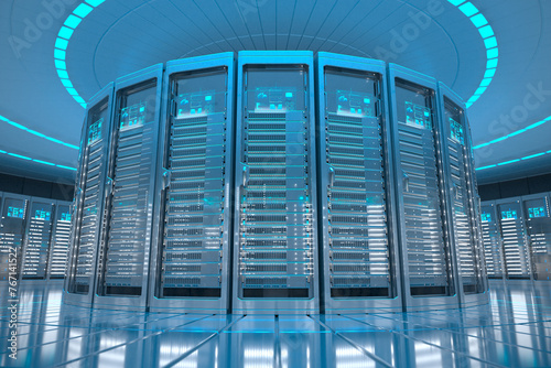 Obraz na płótnie Illuminated High-Tech Data Center Interior with Blue LED Server Racks w salonie