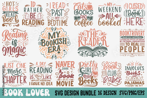 Typography t shirt Design Bundle SVG Cute File book lover svg design, Book Lover vector, Book Lover sticker, book silhouette clipart photo