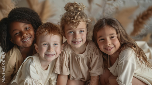 Cheerful children of different ethnicities in diversity photo shoot on soft color background.