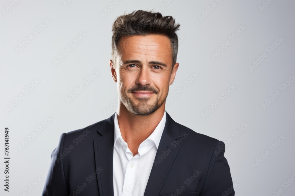 Handsome young man in formalwear looking at camera and smiling while standing against grey background Handsome young man in formalwear looking at camera and smiling while standing against grey background
