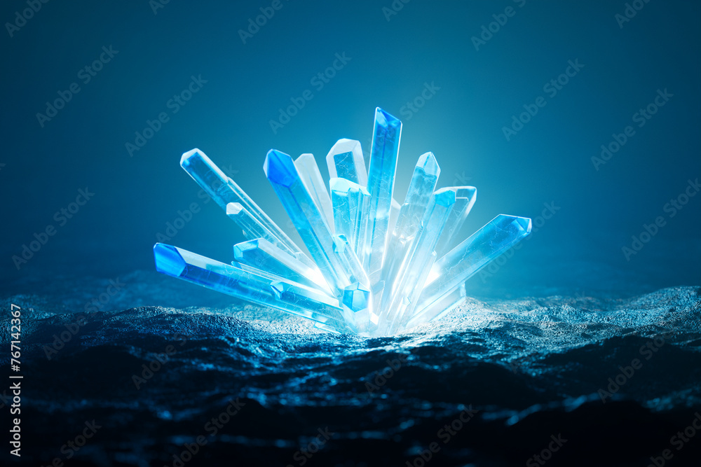 Enigmatic Blue Crystals Emerging from Darkness with Mystical Glow