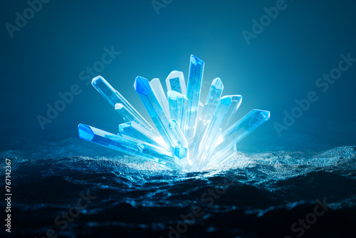 Obraz na płótnie Enigmatic Blue Crystals Emerging from Darkness with Mystical Glow w salonie