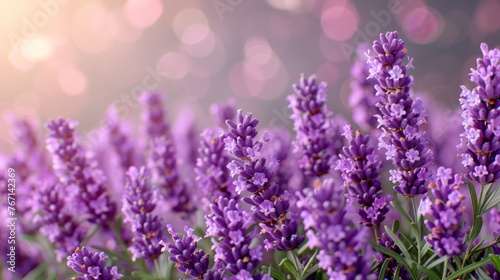  a field of lavender flowers with blurry boke of light in the backgrounnd of the photo.