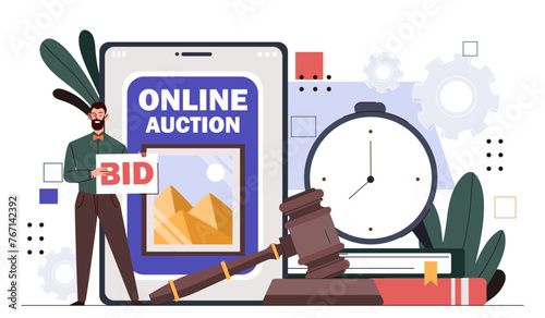 Online auction concept. Man with bid near judge gavel and timer. Deals with pictures and art products. Auctioneers competition. Cartoon flat vector illustration isolated on white background