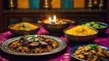 Traditional indian pilaf with rice, meat and vegetables on table