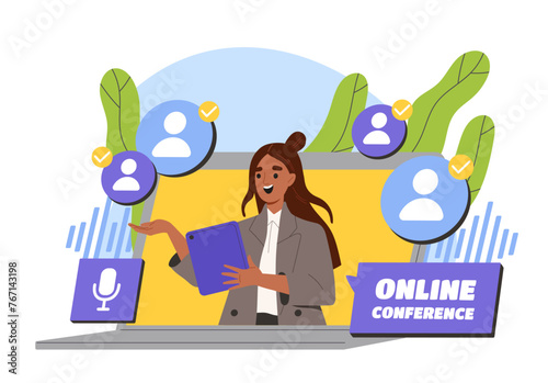 Woman with online conference. Young girl at laptop. Video call and conference at laptop. Communication in social networks on internet. Cartoon flat vector illustration isolated on white background