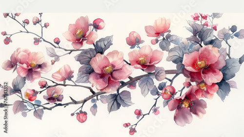  a painting of pink flowers on a branch with leaves and buds on a white background with a white back ground.
