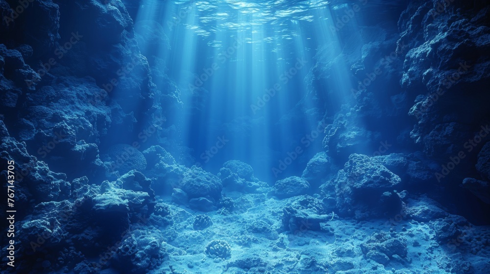  an underwater view of a coral reef with sunlight coming in from the water's surface and light coming in from the water's surface.