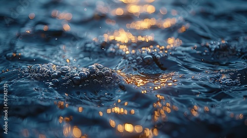  a close up of water with a lot of bubbles on the surface of the water and the light reflecting off of the water.