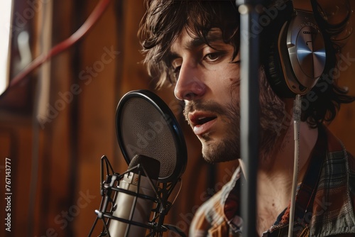 A portrait of a singer recording live at the microphone in a studio