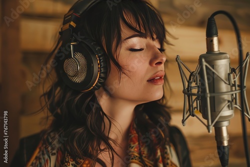 A portrait of a female singer recording live at the microphone in a studio