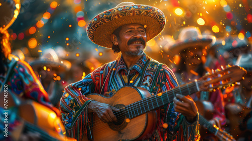 Mariachi band playing guitar, latin men in a Mexican fiesta