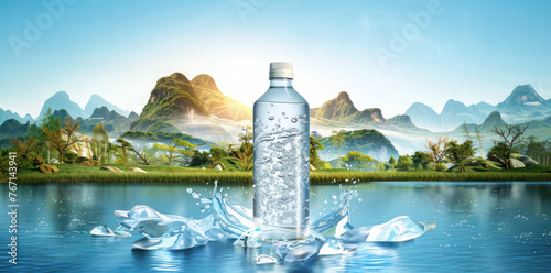 Bottle of fresh water on ice, set against the serene backdrop of majestic mountains. A refreshing symbol of health, hydration, and natural serenity