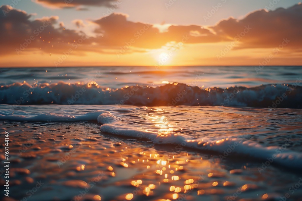 Sunset seascape with soft waves washing over the beach, creating a glistening effect on the sand.
Sunset seascape with soft waves washing over the beach, creating a glistening effect on the sand.