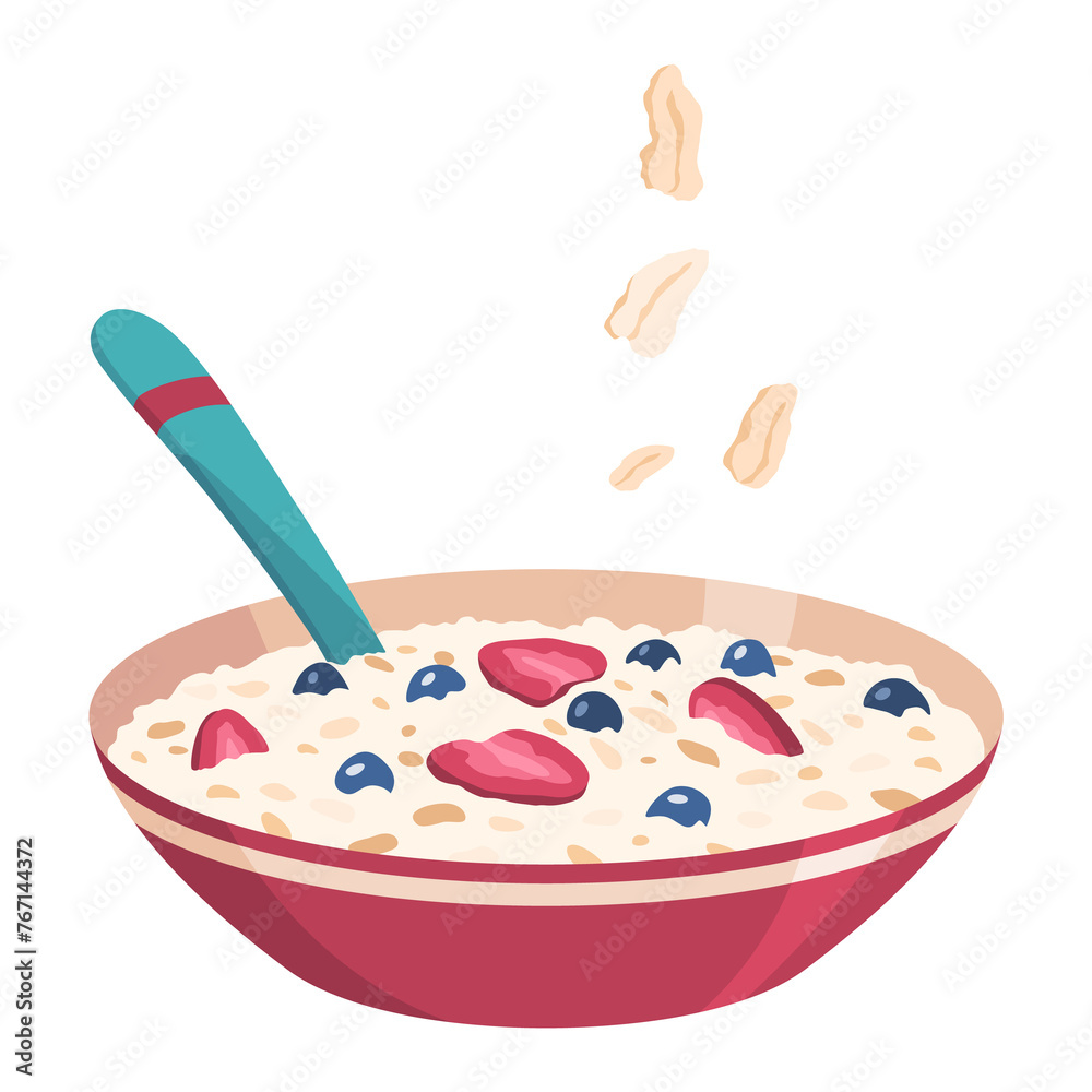 Oatmeal breakfast porridge icon, bowl with fruit and berries in milk. Healthy nutrition meal concept. illustration isolated on white background Oatmeal breakfast porridge icon, bowl with fruit and berries in milk. Healthy nutrition meal concept. illustration isolated on white background