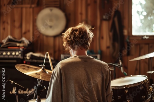 A young man plays drums in a music studio