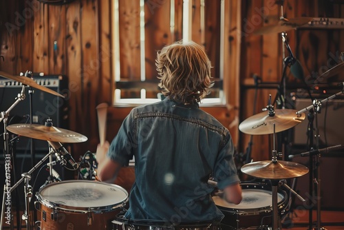 A young man plays drums in a music studio