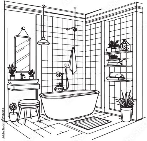 Bathroom graphic home interior black white sketch illustration vector