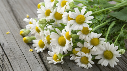 Chamomile flowers arranged on a rustic wooden background exude tranquility