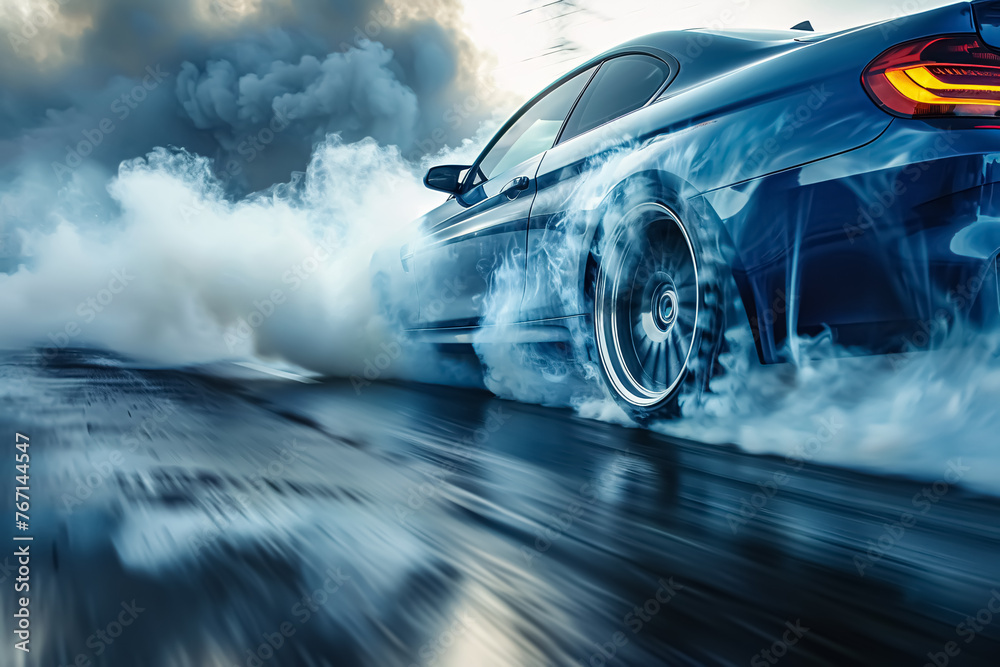 Obraz premium Smoke coming from the tires of a beautiful drifting sports car. sport car on the road with motion blur background. 3d rendering. 